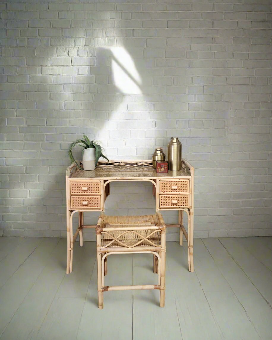 Mid Century Rattan & Cane Bamboo Dressing Table & Stool