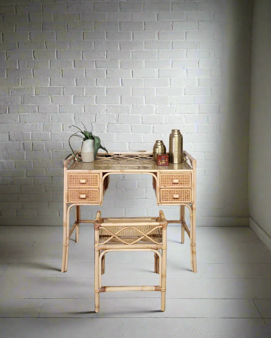 Mid Century Rattan & Cane Bamboo Dressing Table & Stool