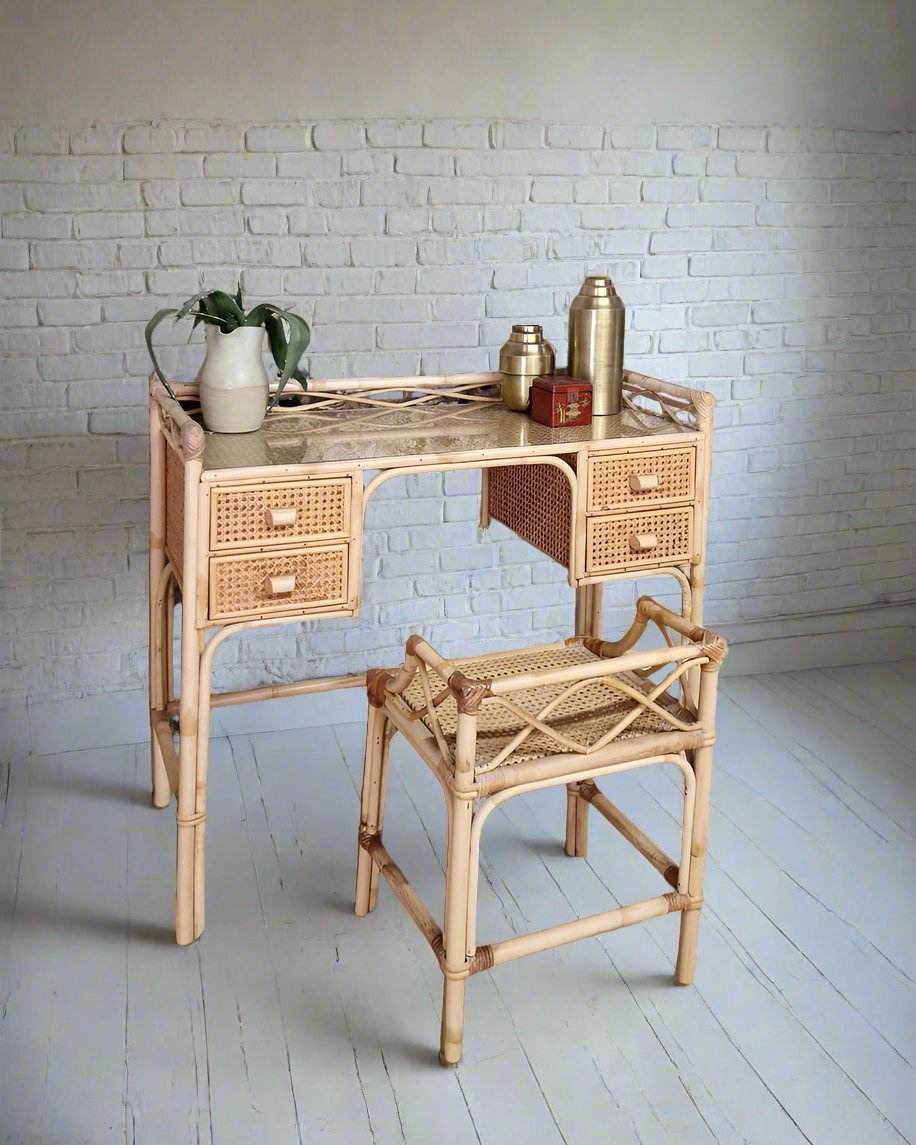 Mid Century Rattan & Cane Bamboo Dressing Table & Stool
