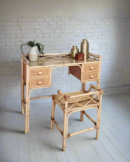 Mid Century Rattan & Cane Bamboo Dressing Table & Stool