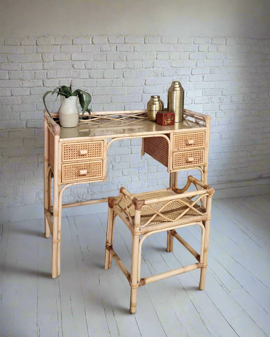 Mid Century Rattan & Cane Bamboo Dressing Table & Stool