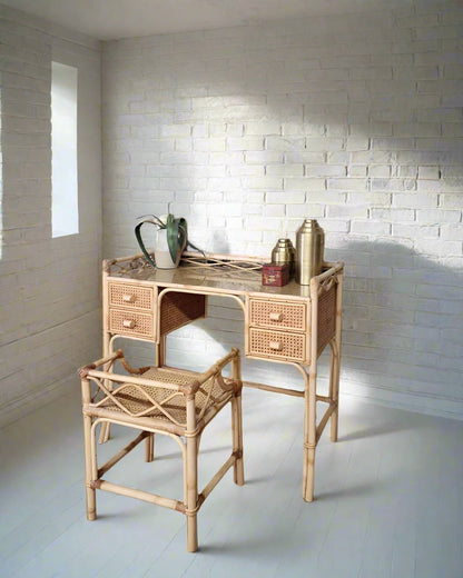 Mid Century Rattan & Cane Bamboo Dressing Table & Stool