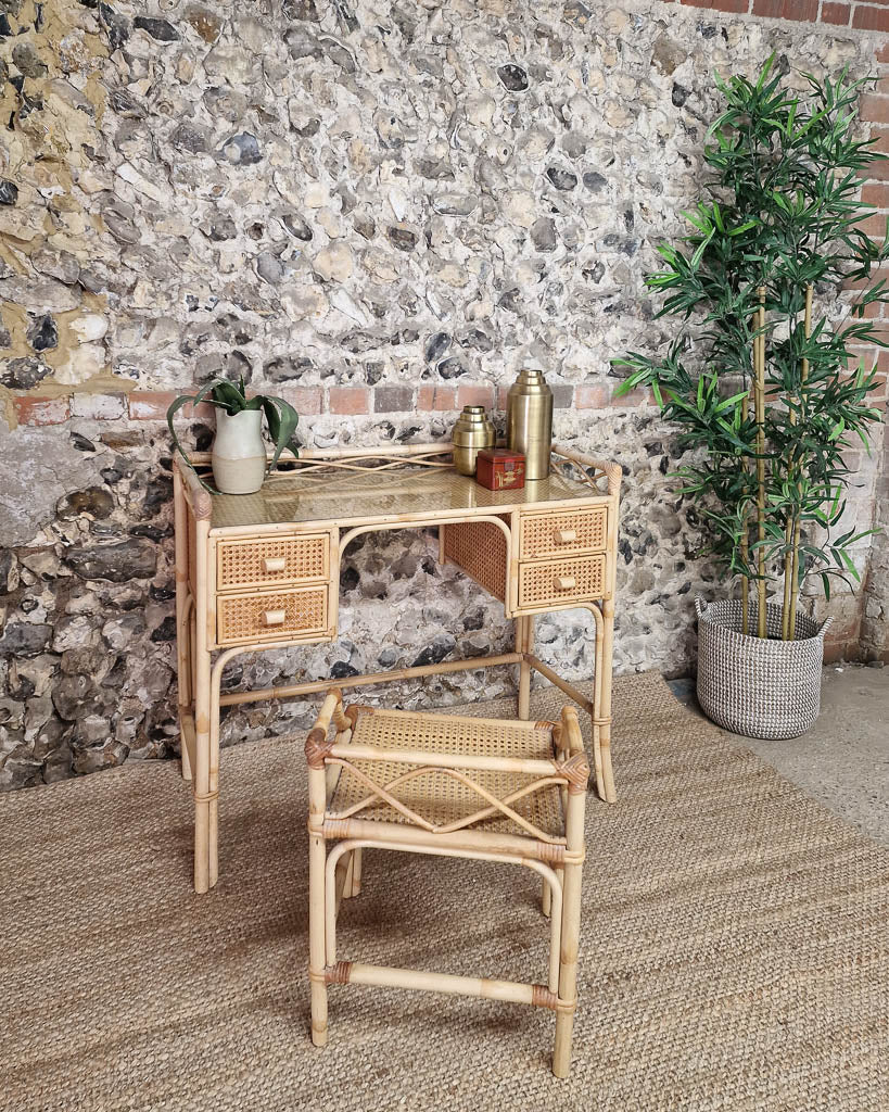 Mid Century Rattan & Cane Bamboo Dressing Table & Stool