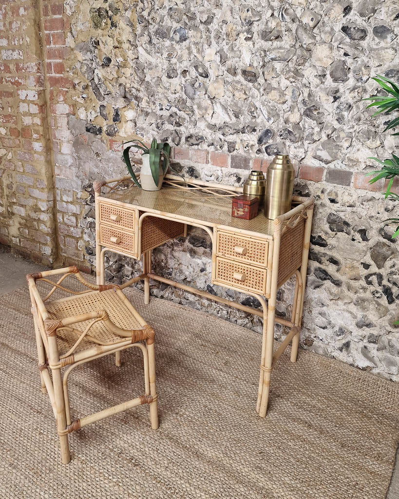 Mid Century Rattan & Cane Bamboo Dressing Table & Stool