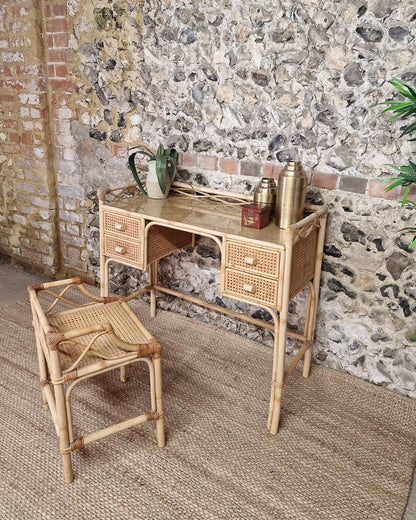 Mid Century Rattan & Cane Bamboo Dressing Table & Stool