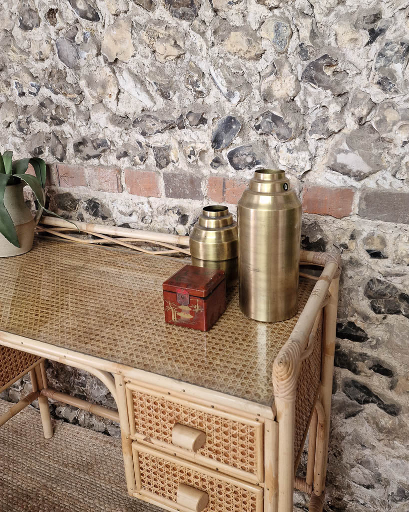 Mid Century Rattan & Cane Bamboo Dressing Table & Stool