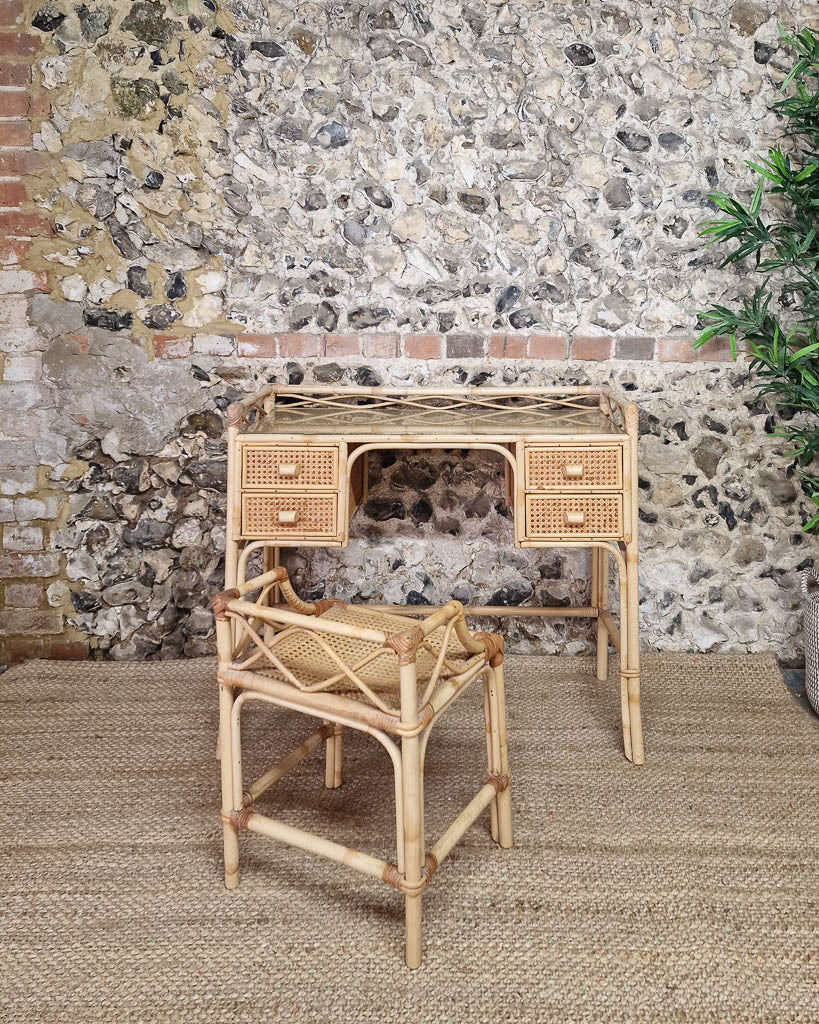 Mid Century Rattan & Cane Bamboo Dressing Table & Stool