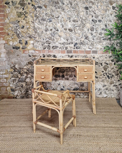 Mid Century Rattan & Cane Bamboo Dressing Table & Stool