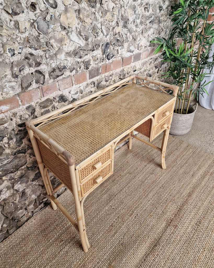 Mid Century Rattan & Cane Bamboo Dressing Table & Stool