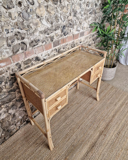 Mid Century Rattan & Cane Bamboo Dressing Table & Stool