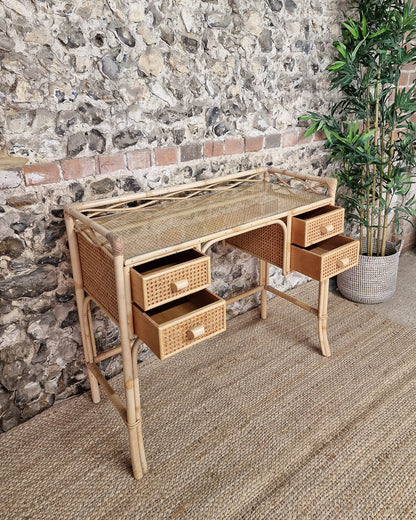 Mid Century Rattan & Cane Bamboo Dressing Table & Stool