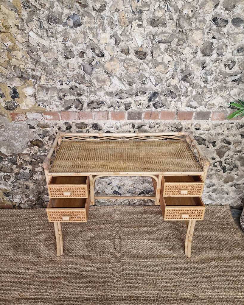 Mid Century Rattan & Cane Bamboo Dressing Table & Stool