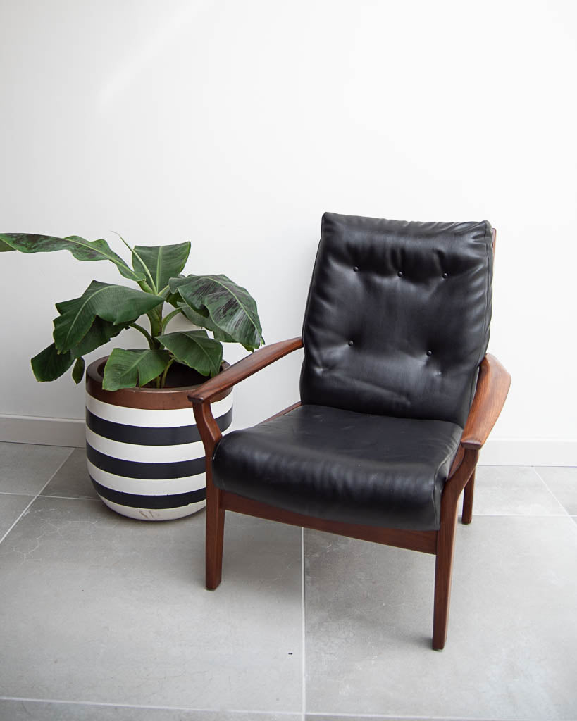 Mid Century Teak & Black Leatherette Lounge Armchair