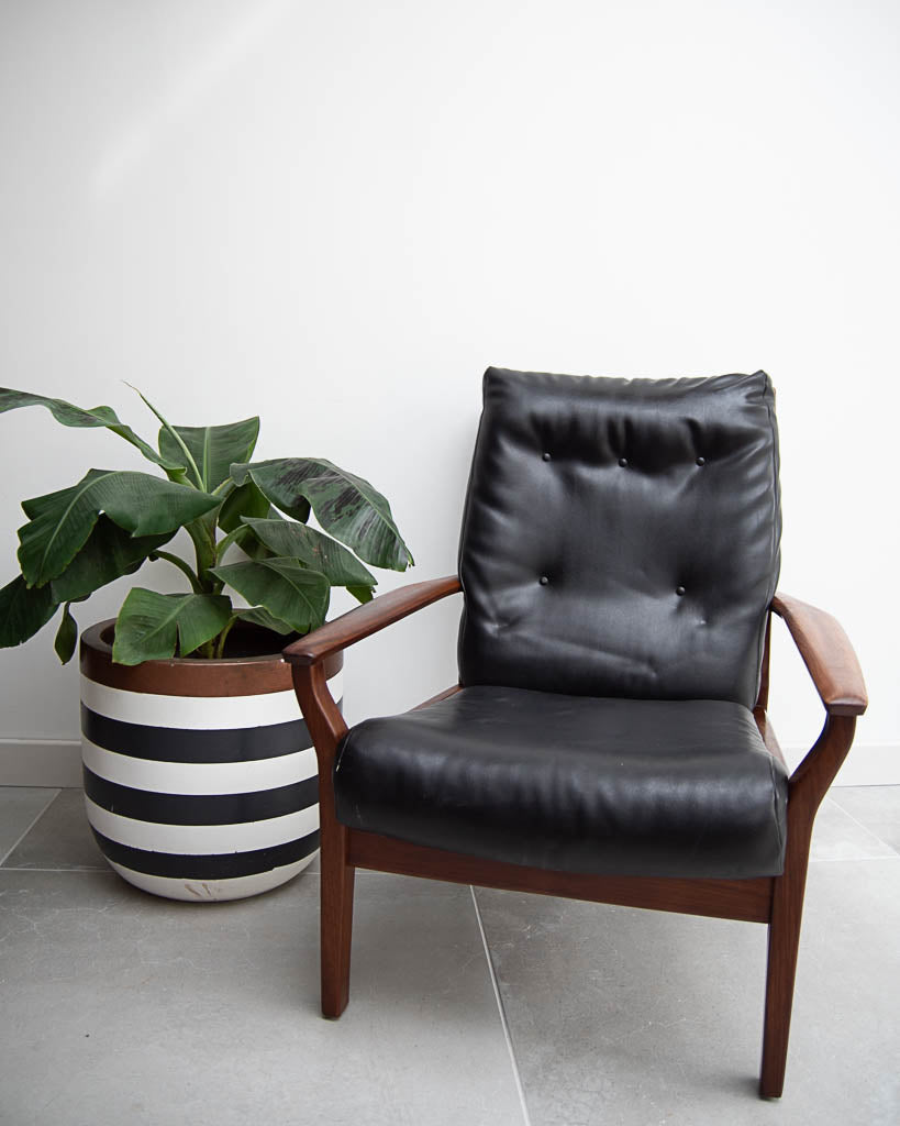 Mid Century Teak & Black Leatherette Lounge Armchair
