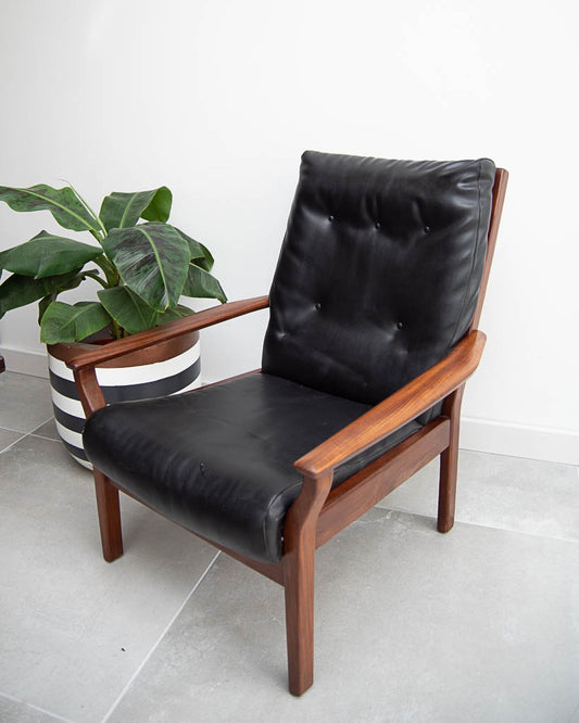 Mid Century Teak & Black Leatherette Lounge Armchair