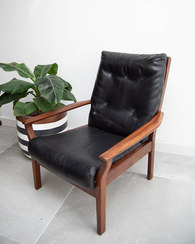 Mid Century Teak & Black Leatherette Lounge Armchair