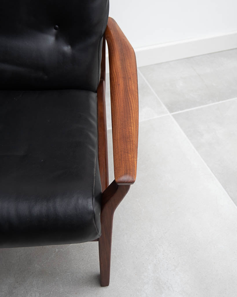 Mid Century Teak & Black Leatherette Lounge Armchair