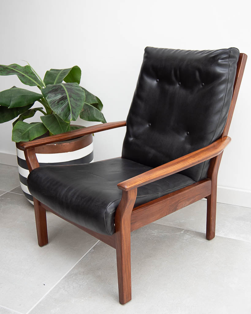 Mid Century Teak & Black Leatherette Lounge Armchair
