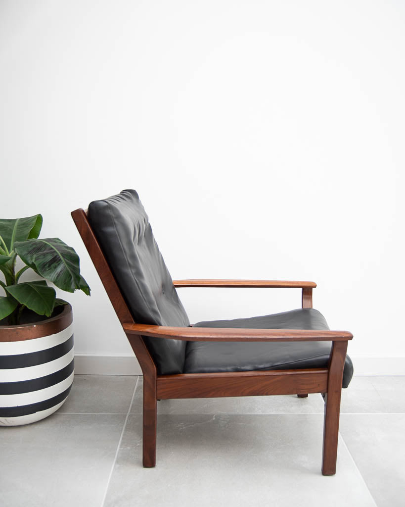 Mid Century Teak & Black Leatherette Lounge Armchair