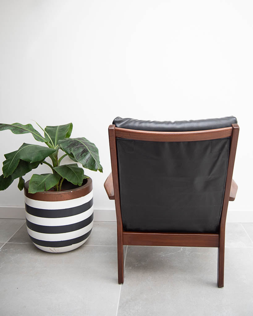 Mid Century Teak & Black Leatherette Lounge Armchair