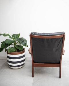 Mid Century Teak & Black Leatherette Lounge Armchair