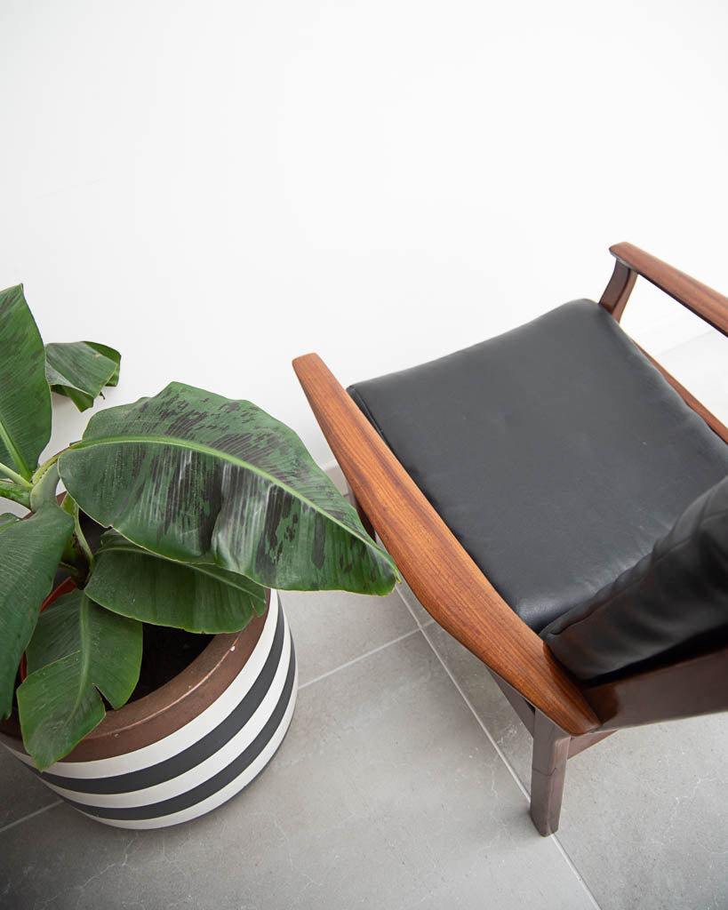 Mid Century Teak & Black Leatherette Lounge Armchair
