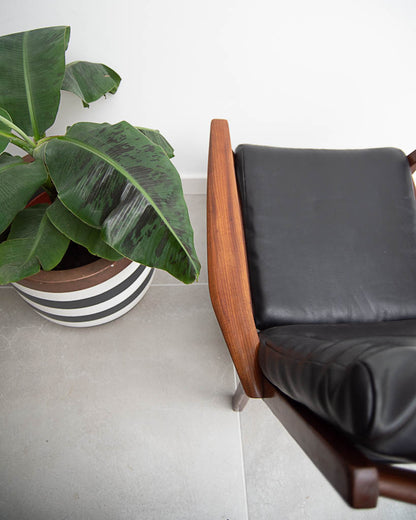 Mid Century Teak & Black Leatherette Lounge Armchair