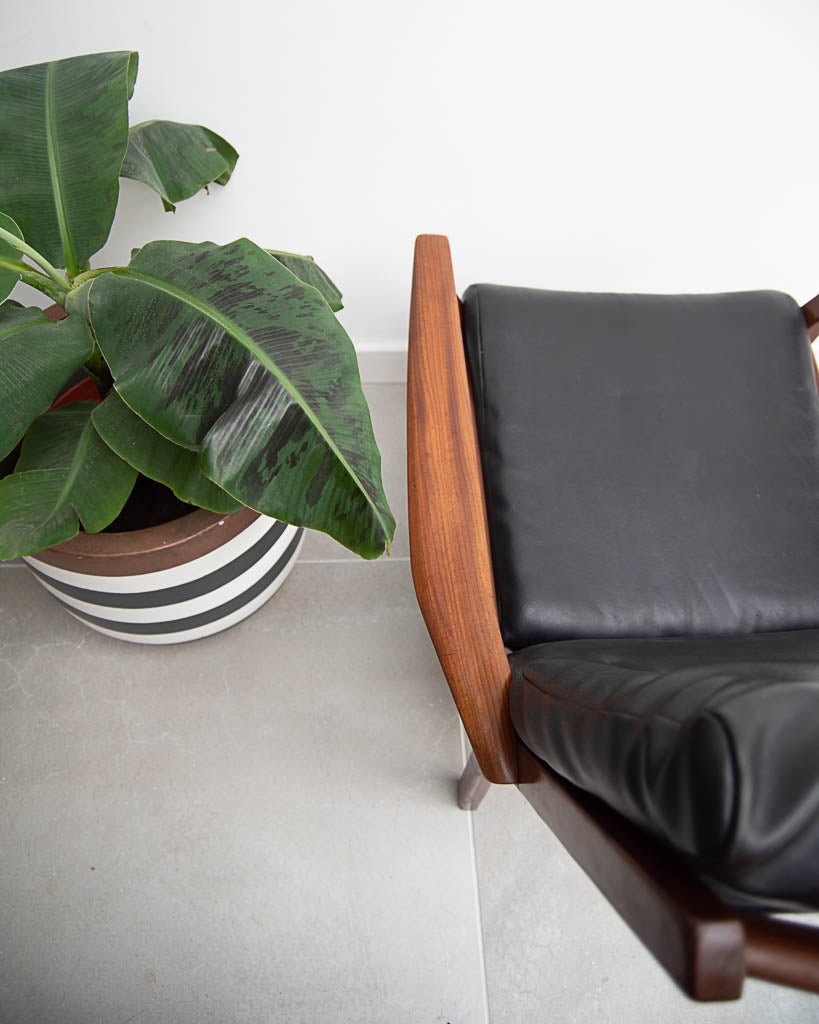 Mid Century Teak & Black Leatherette Lounge Armchair