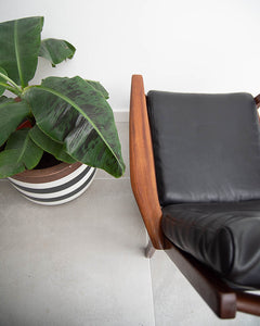Mid Century Teak & Black Leatherette Lounge Armchair