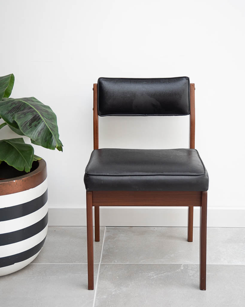 Mid Century Teak & Black Leatherette Dining Chairs