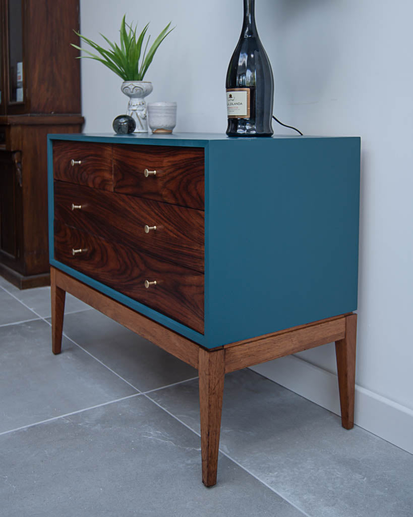 Mid Century Teal Blue, Rosewood & Teak Drawers