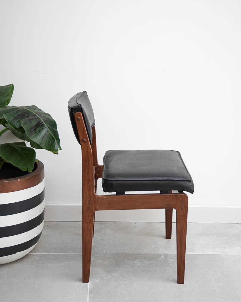Mid Century Teak & Black Leatherette Dining Chairs