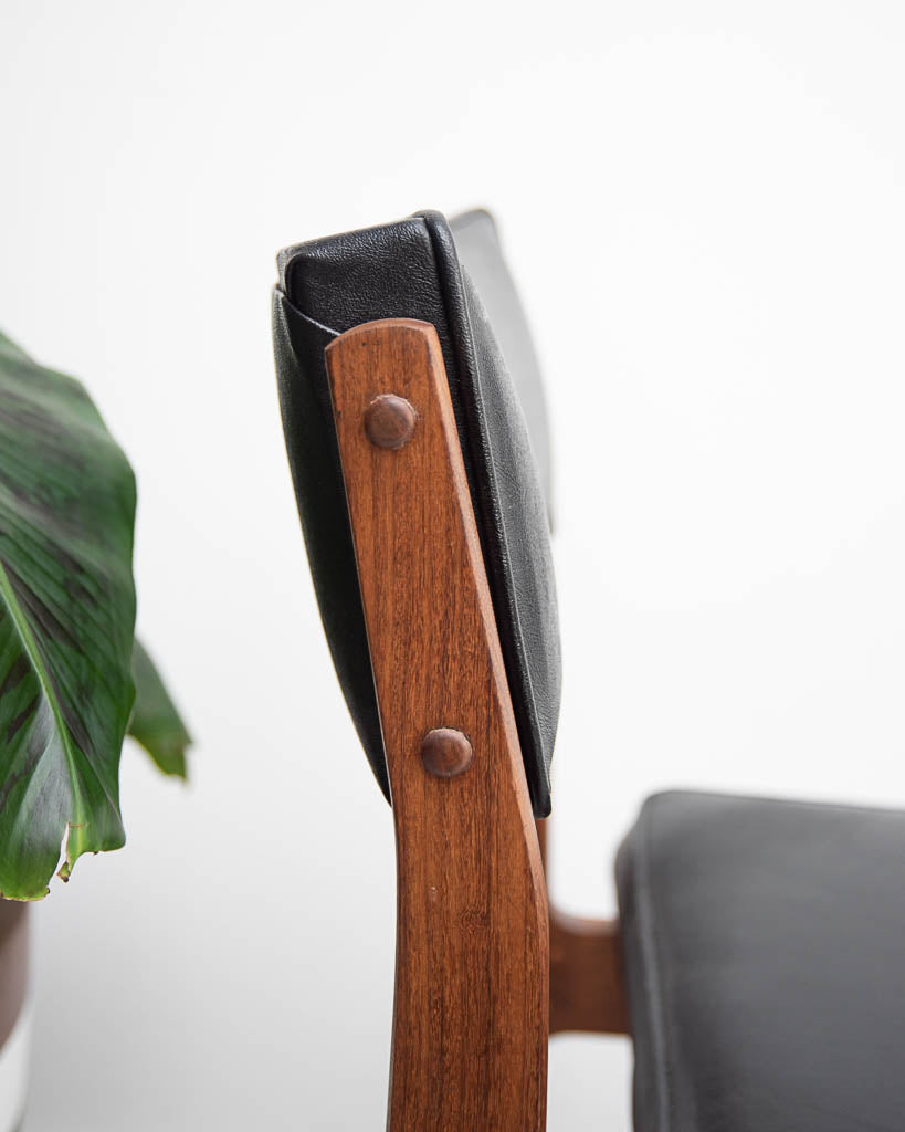 Mid Century Teak & Black Leatherette Dining Chairs