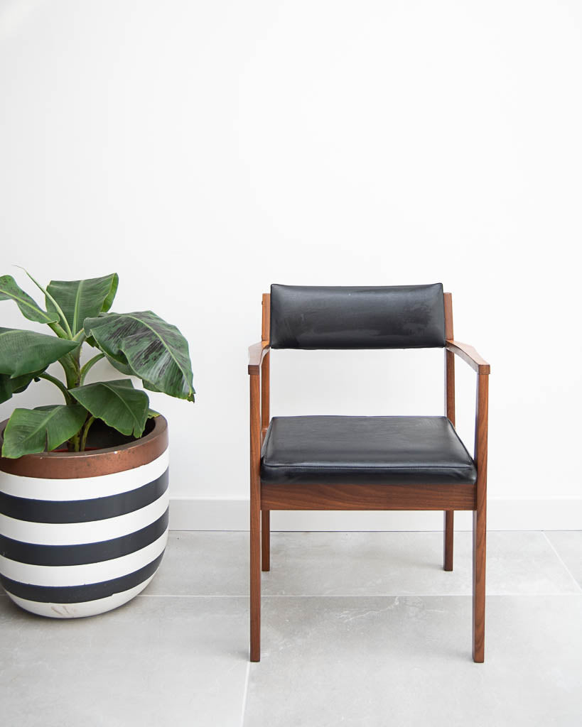 Mid Century Teak & Black Leatherette Dining Chairs