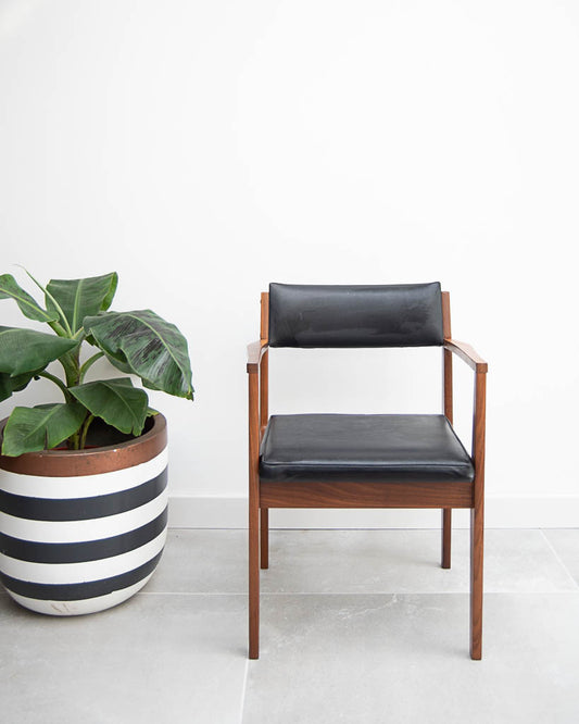 Mid Century Teak & Black Leatherette Dining Chairs