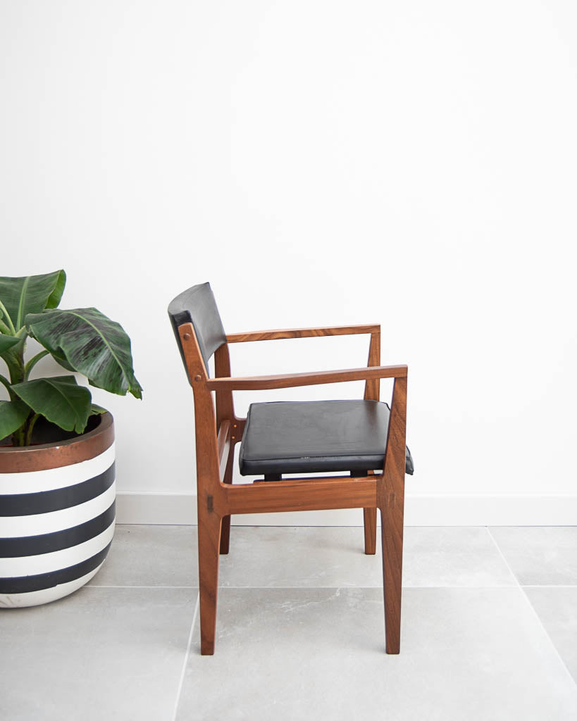 Mid Century Teak & Black Leatherette Dining Chairs
