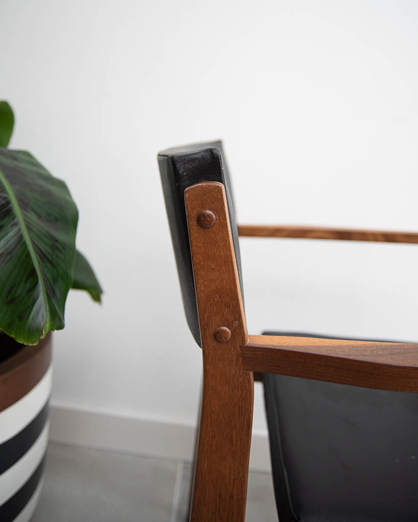 Mid Century Teak & Black Leatherette Dining Chairs
