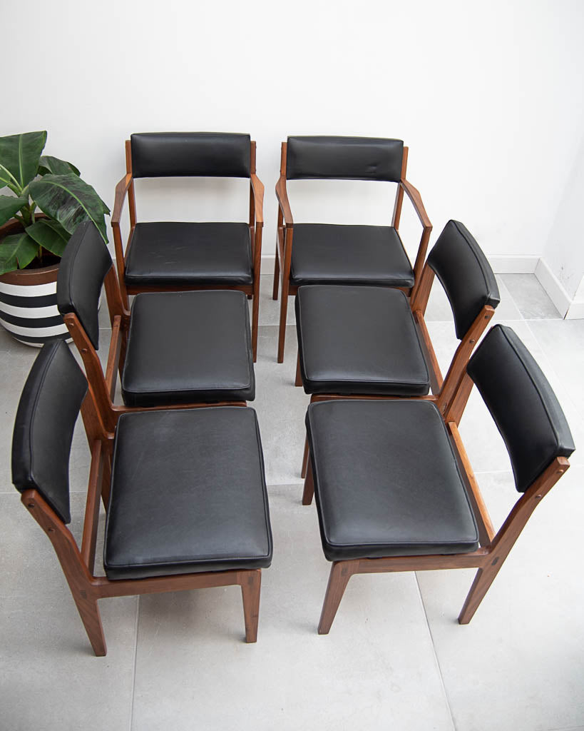 Mid Century Teak & Black Leatherette Dining Chairs