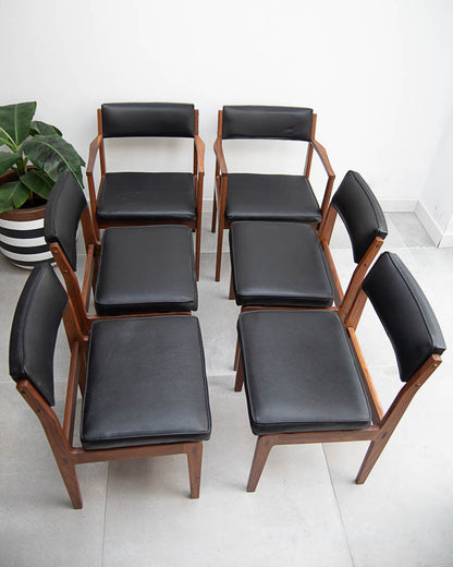 Mid Century Teak & Black Leatherette Dining Chairs