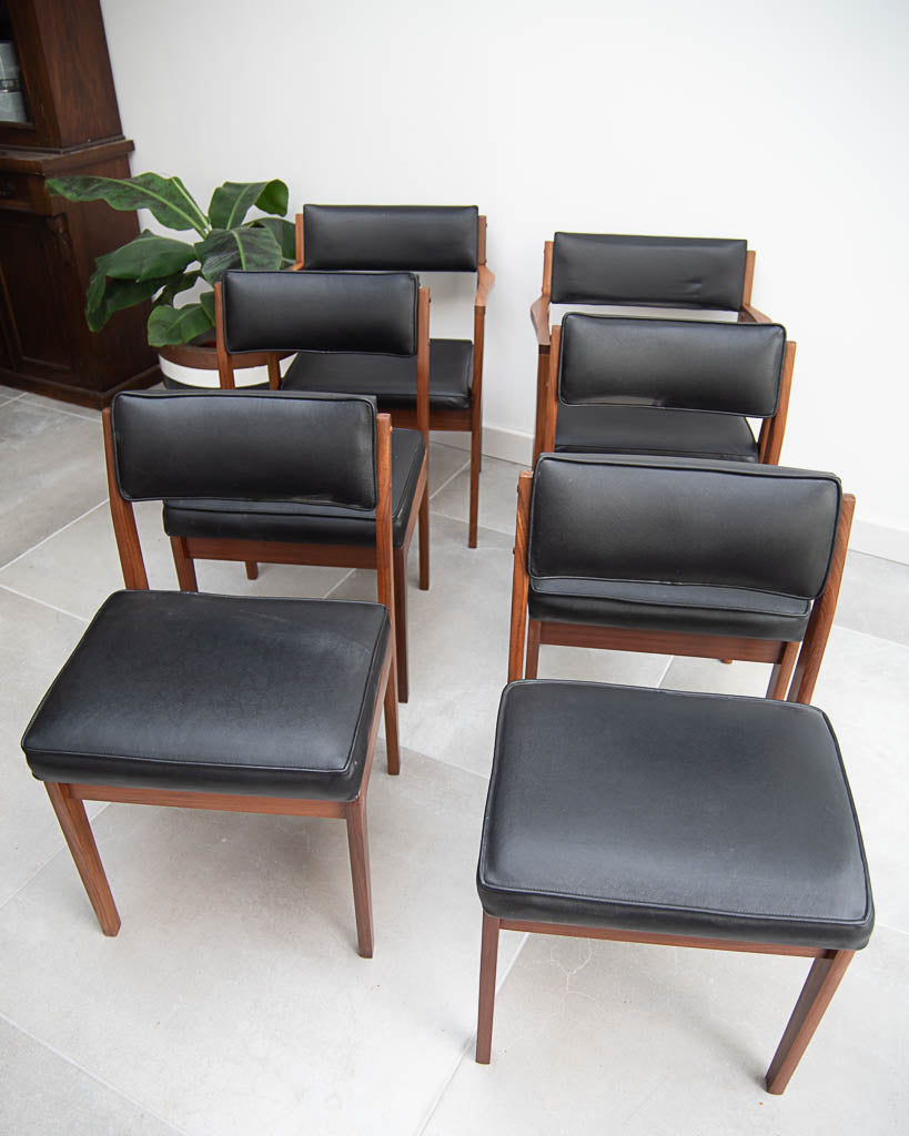 Mid Century Teak & Black Leatherette Dining Chairs