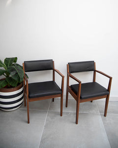 Mid Century Teak & Black Leatherette Dining Chairs