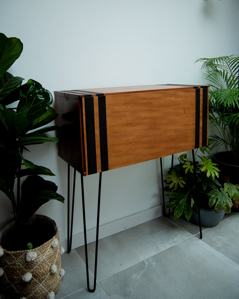 Mid Century Teak Cocktail / Desk Cabinet (Double Stripes)
