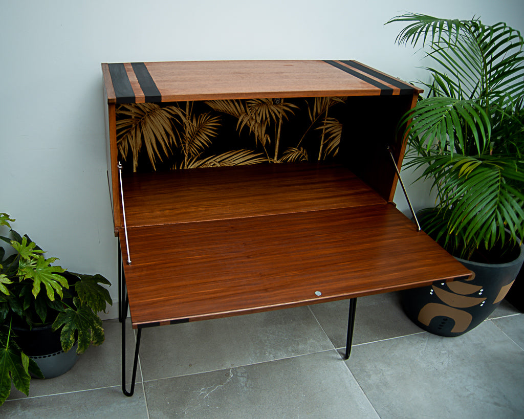 Mid Century Teak Cocktail / Desk Cabinet (Double Stripes)