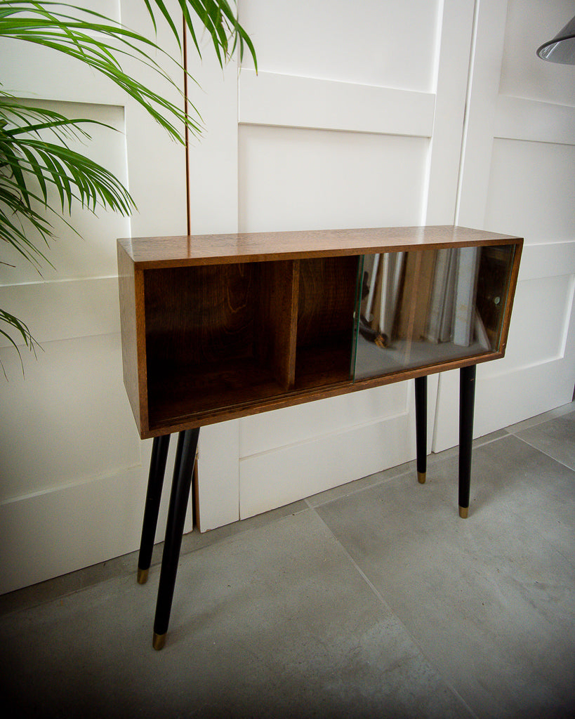 Mid Century Small Oak Cocktail Cabinet / Sideboard (Glass Door)