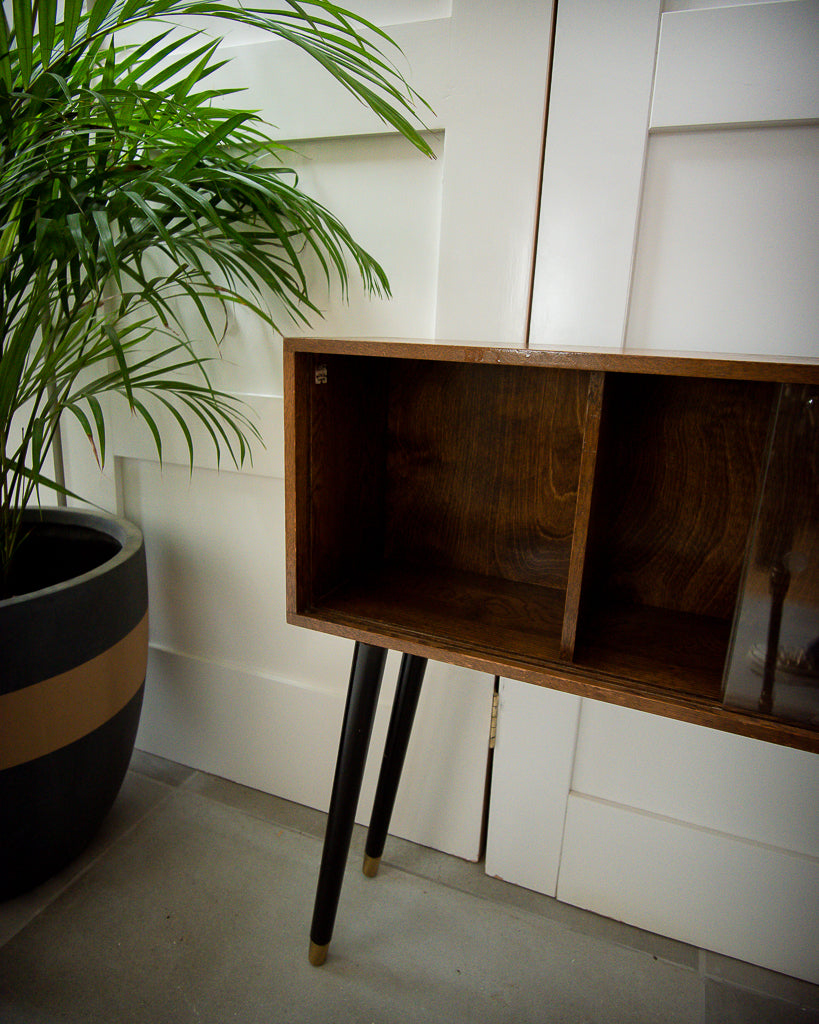 Mid Century Small Oak Cocktail Cabinet / Sideboard (Glass Door)