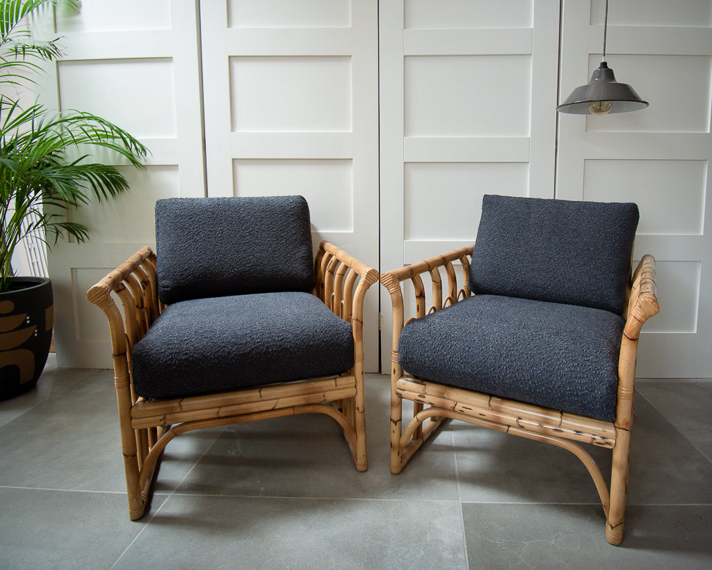 Mid Century Bamboo Armchairs (Grey Boucle)