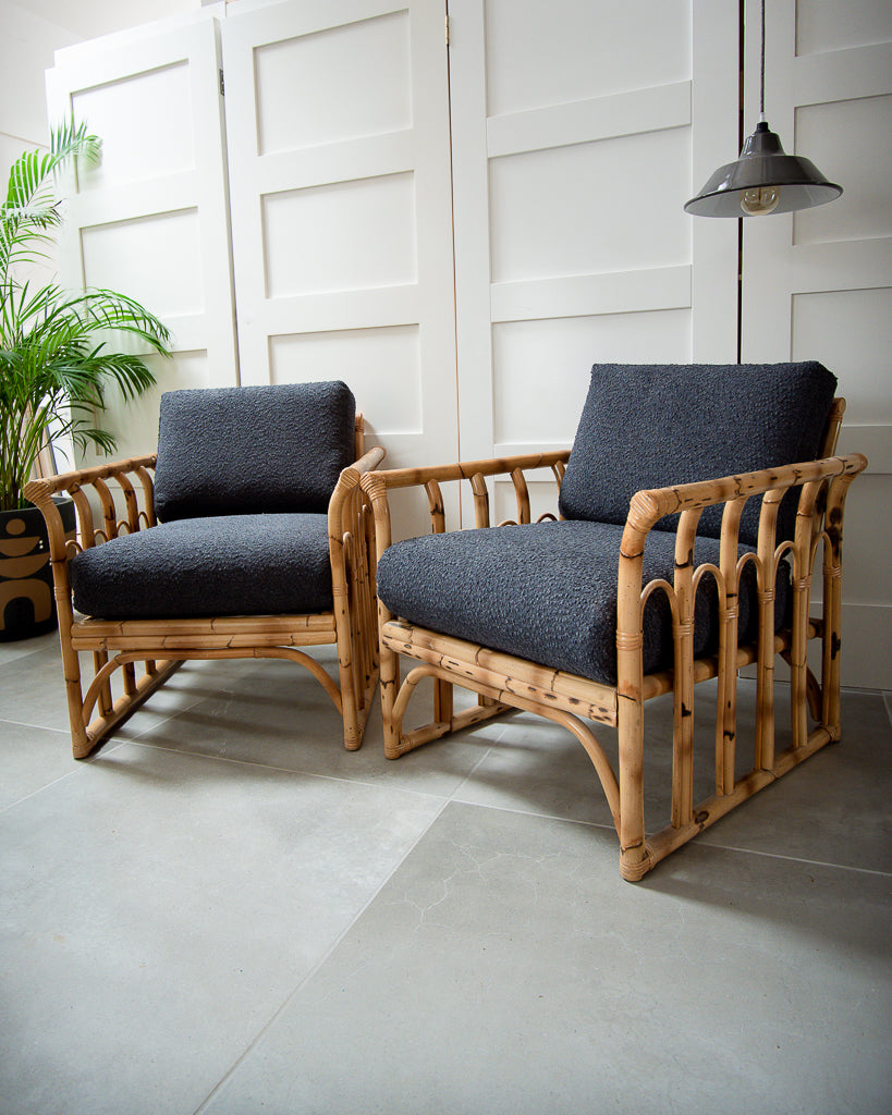 Mid Century Bamboo Armchairs (Grey Boucle)