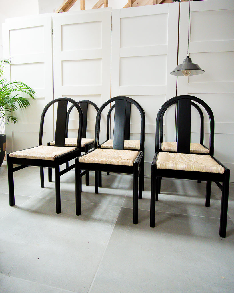 Ebonised & Rush Seat Italian 1980s Chairs 