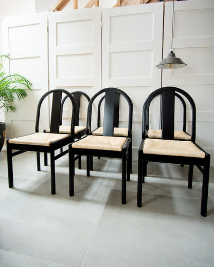 Ebonised & Rush Seat Italian 1980s Chairs 