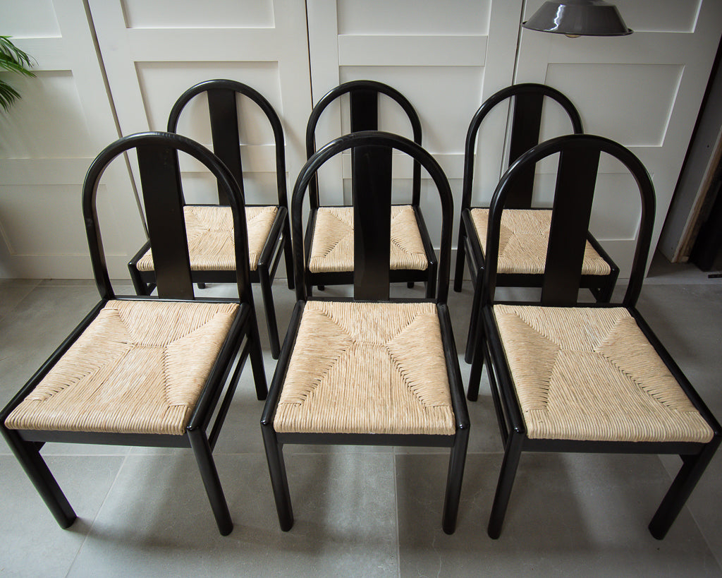 Ebonised & Rush Seat Italian 1980s Chairs 